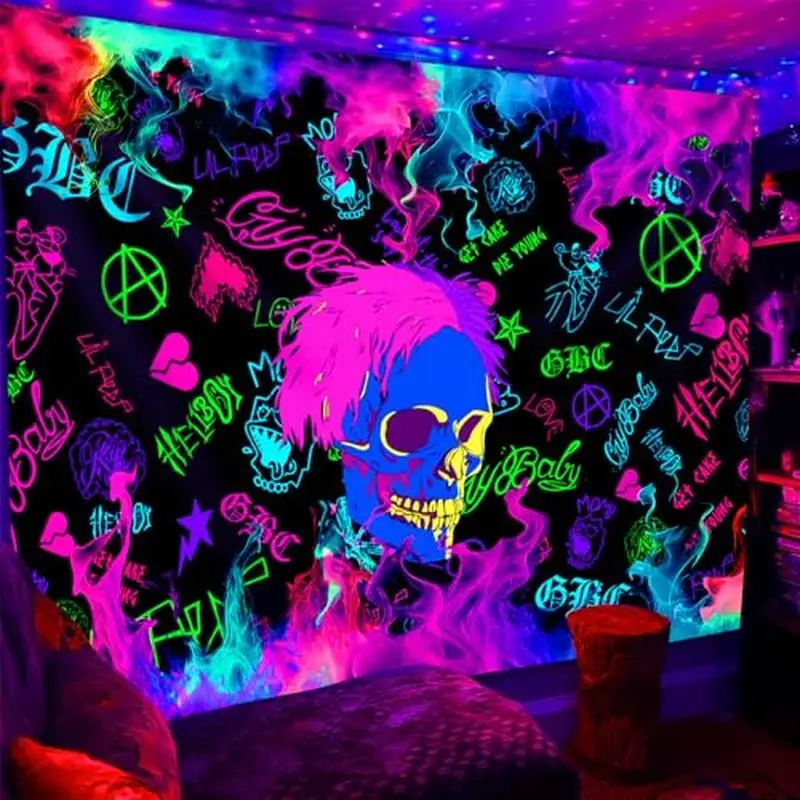 VIKAMA Neon Skeleton Graffiti Night Light Tapestry, Gothic Psychedelic Wall Hanging, Bedroom Esports Room Bar Decor