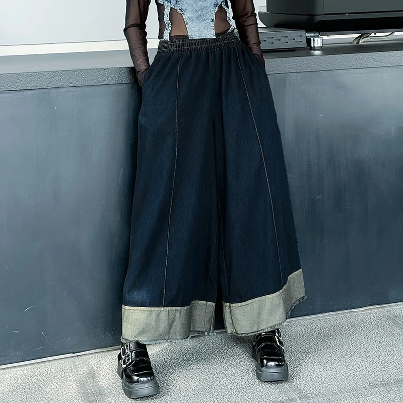 

Уличный стиль, лоскутные цветные джинсы с эластичной резинкой на талии, широкие джинсы, женские весенние новые поступления, универсальные прямые брюки