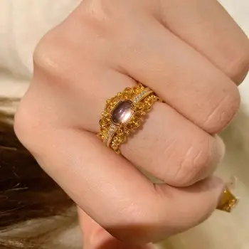 Vintage dvorní styl duté krajkové diamantové intarzované ametystové prsteny pro ženy, nádherné ametystové krystalové klasické banketní šperky 12 nejlepší prodej krajka Swarovski - №12