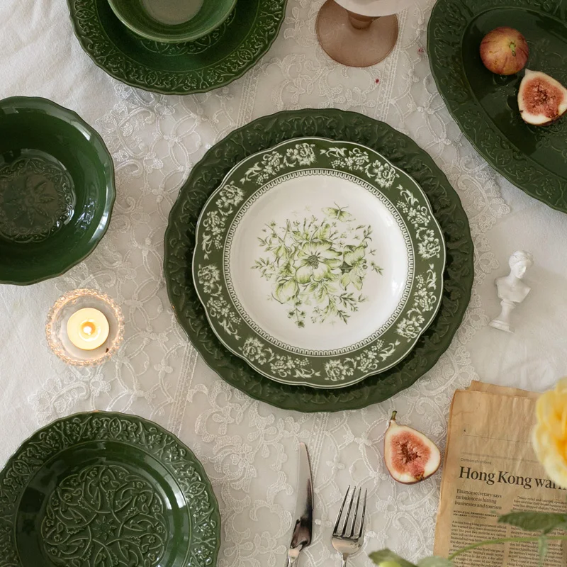French Emerald Retro-style Embossed Lace Ceramic Dinner Plates, Ceramic Bowls, Rectangular Snack Plates, Steak Plates