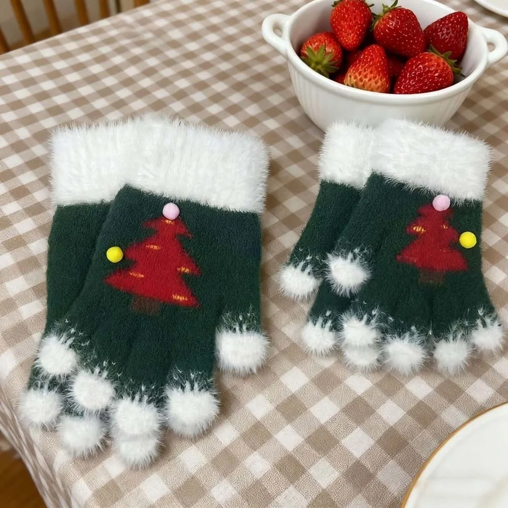 Red Green Christmas Gloves Plush Cuff Knitted Woolen Winter Knit Mittens Elastic Wrist Double Colored Touchscreen Full Finger