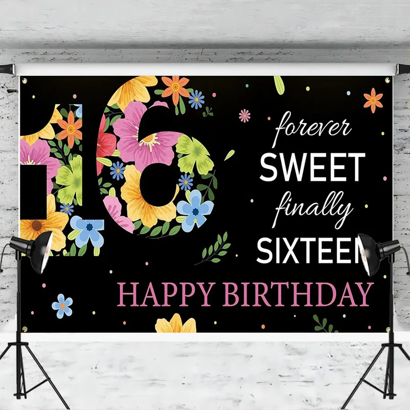 Sweet 16 Birthday Backdrop Party Decoration Floral Happy 16th Birthday 16 Year Old Yard Sign Banner Photo Background Supplies