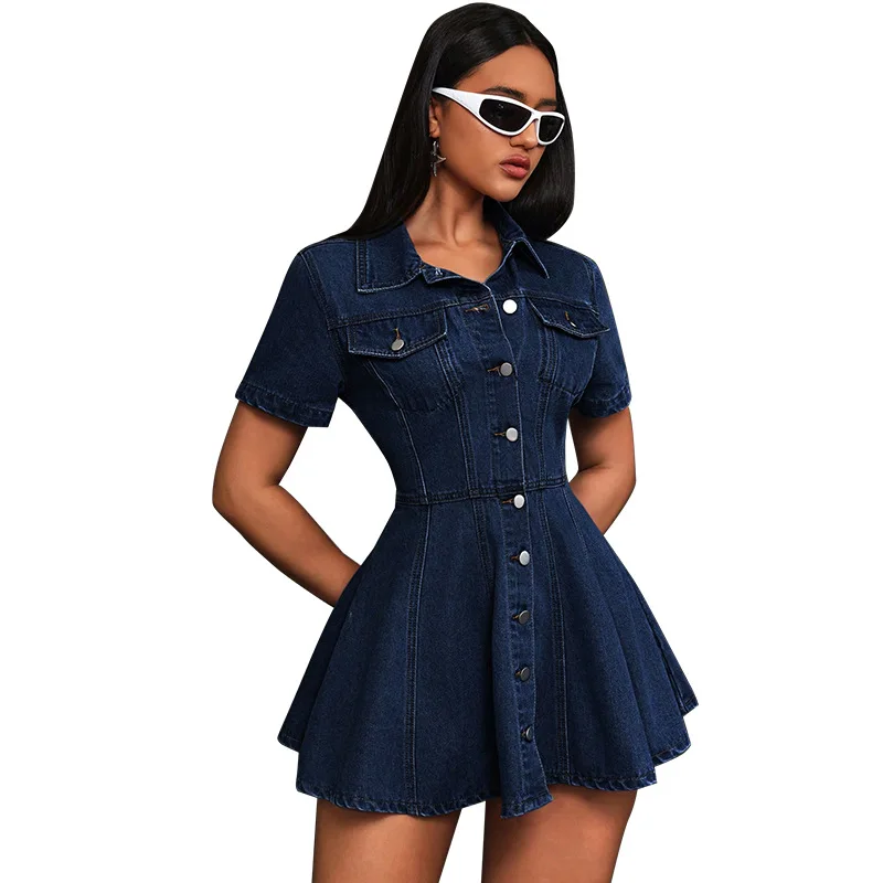 

Denim Dress Fashionable Comfort Figure-Flattering Dress Lapel Collar Cinched-Waist Dresses Elegant Casual Office Dresses