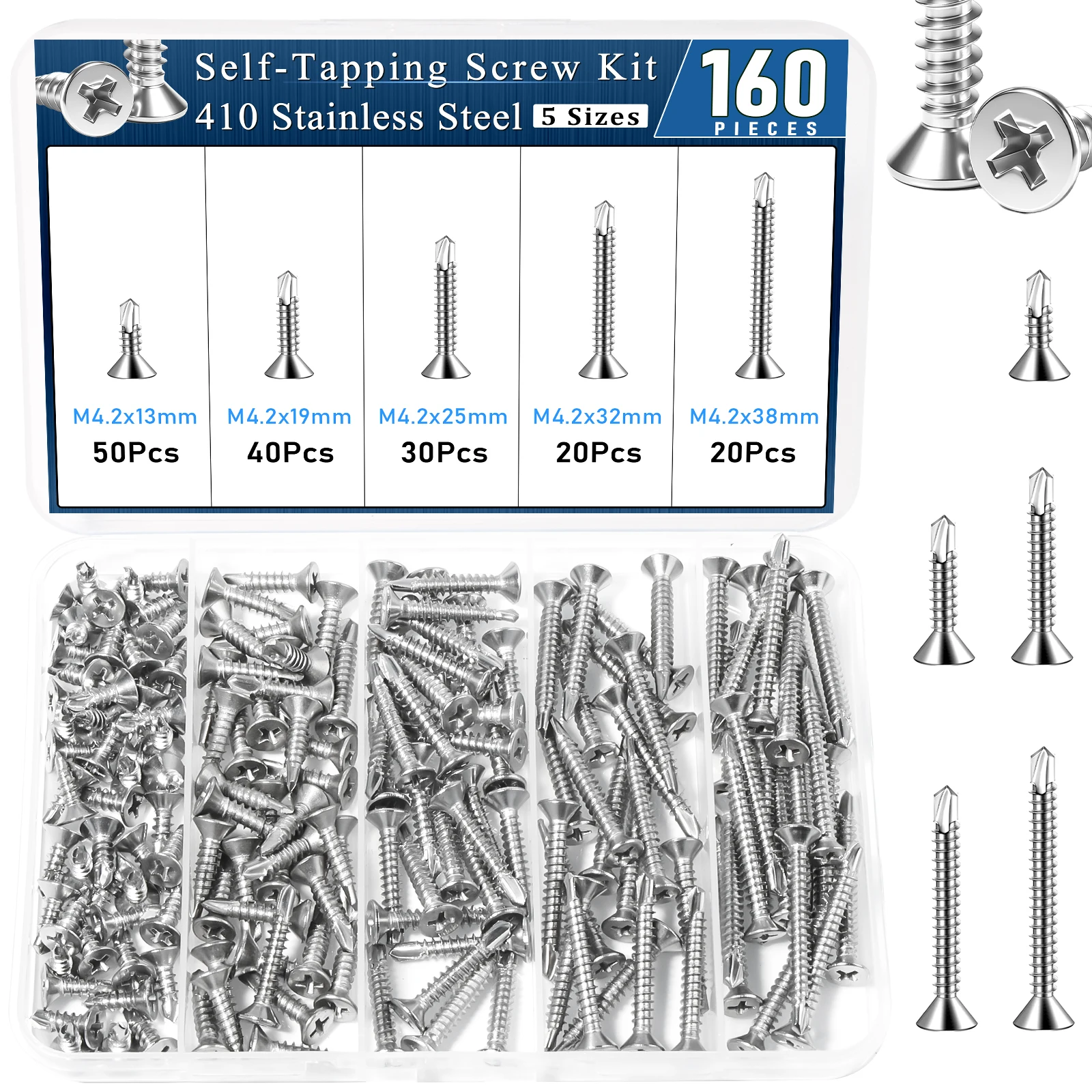 160pcs Self-Tapping Drilling Screws，410 Stainless Steel Flat  Head Self Drilling High-Strength Quick Self-Drilling Screws