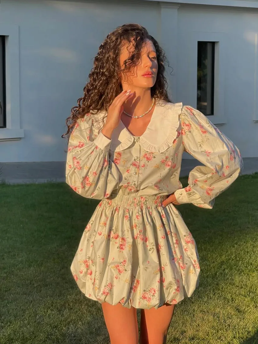 

Marthaqiqi Printing Ladies Sleepwear Suit Long Sleeve Pajama Sexy Turn-Down Collar Nightgown Skirts Female Nightwear 2 Piece Set