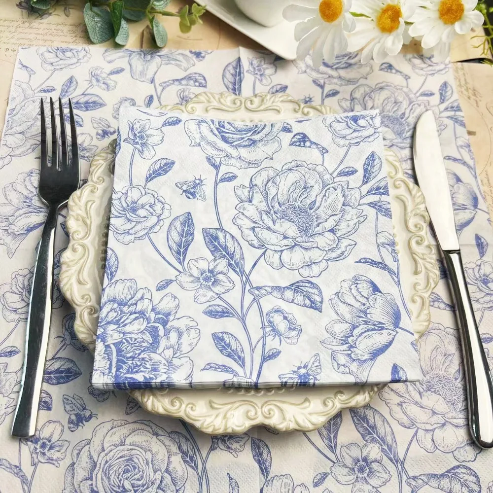 20pc/pac Vintage Rose Elegant Printed Napkins Green Fresh Table Mats Tissue  Party Decoration Paper Napkins Kitchen Supplies