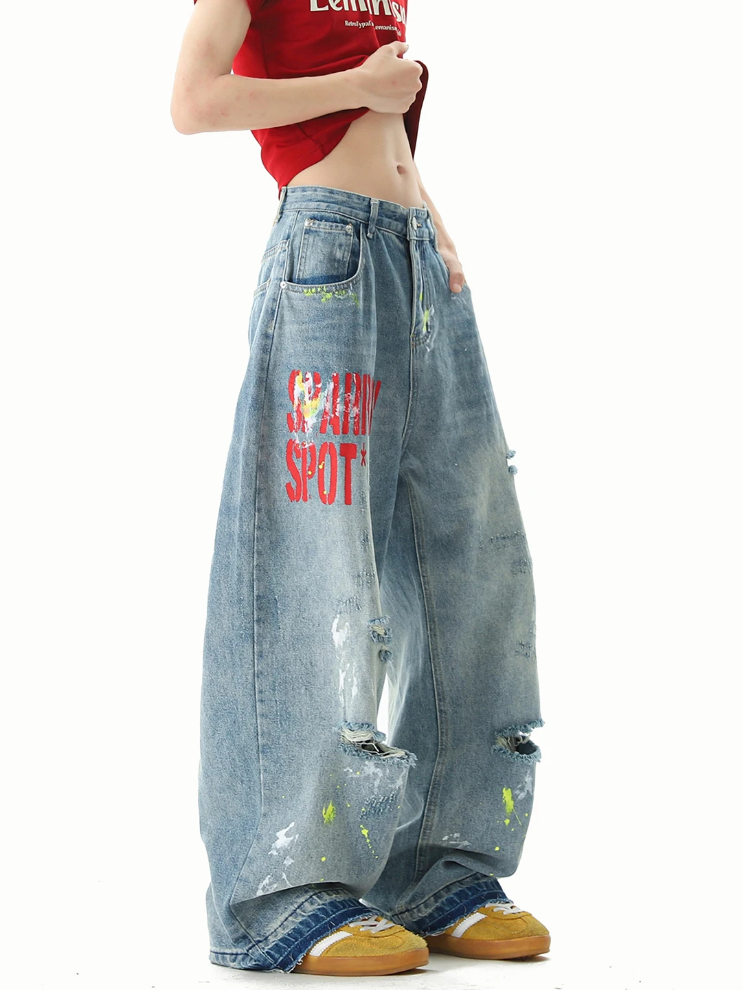Calças Jeans Retrô Americanas com Estampa Splatter e Rasgos, Unissex, Tendência de Verão, Estilo High Street Hiphop, Perna La...