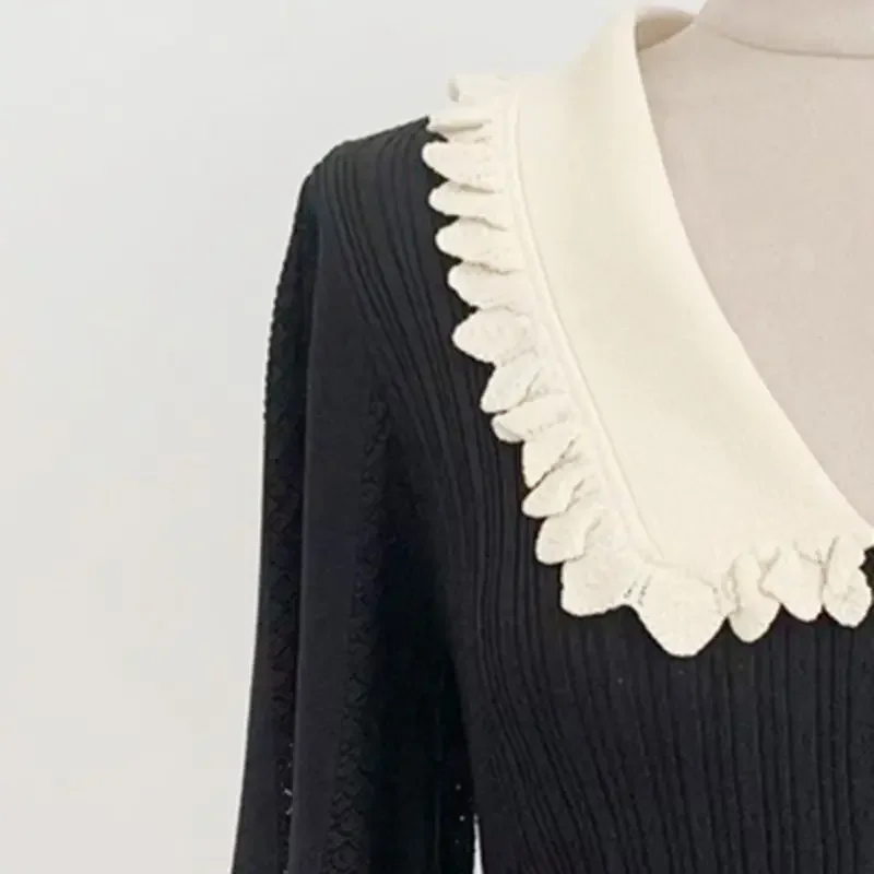 Women black new knitted dress lantern sleeves single breasted decoration evening party midi robe
