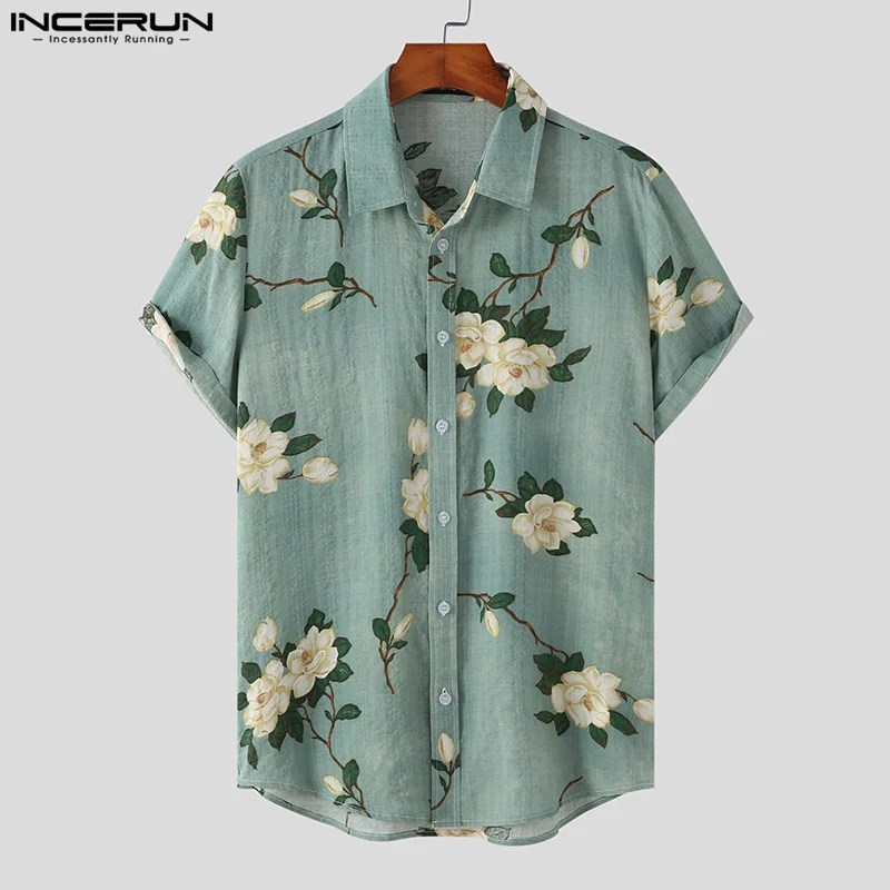 Men Hawaiian Shirt Flower Printing Lapel Short Sleeve Streetwear 2023 Casual Men Clothing Vacation Leisure Shirts S-5XL INCERUN