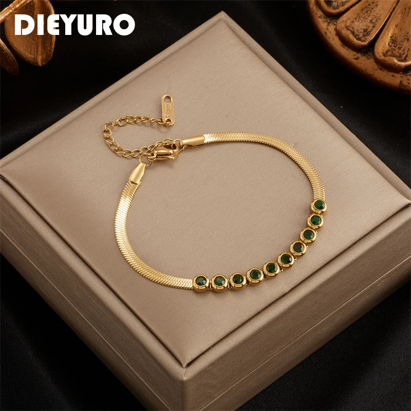 DIEYURO 316L Stainless Steel Green White Crystal Bracelets For Women Vintage Gold Color Chain Bracelet Girls Jewelry Gifts