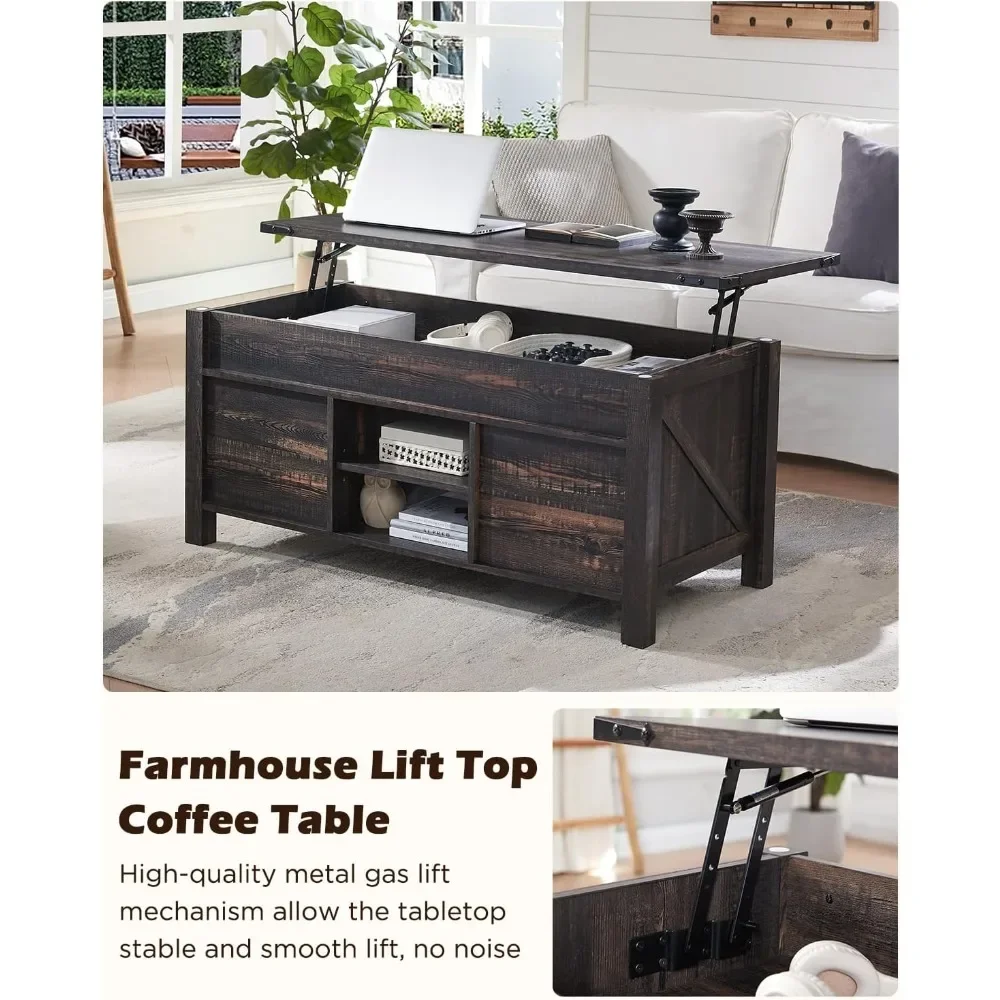 Farmhouse Lift Top Coffee Table com deslizante porta de celeiro, Mesa Centro rústico, compartimento escondido, 48"