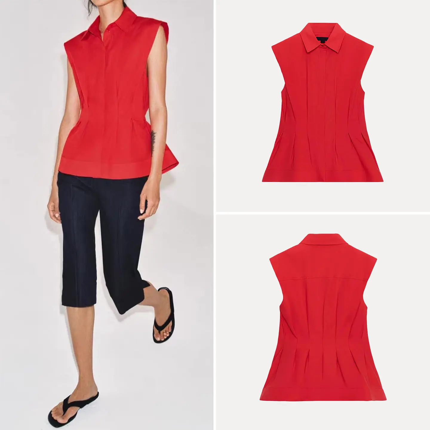 

Модная красная плиссированная рубашка без рукавов с воротником, женская повседневная приталенная рубашка, весна 2026, бренд ZADATA