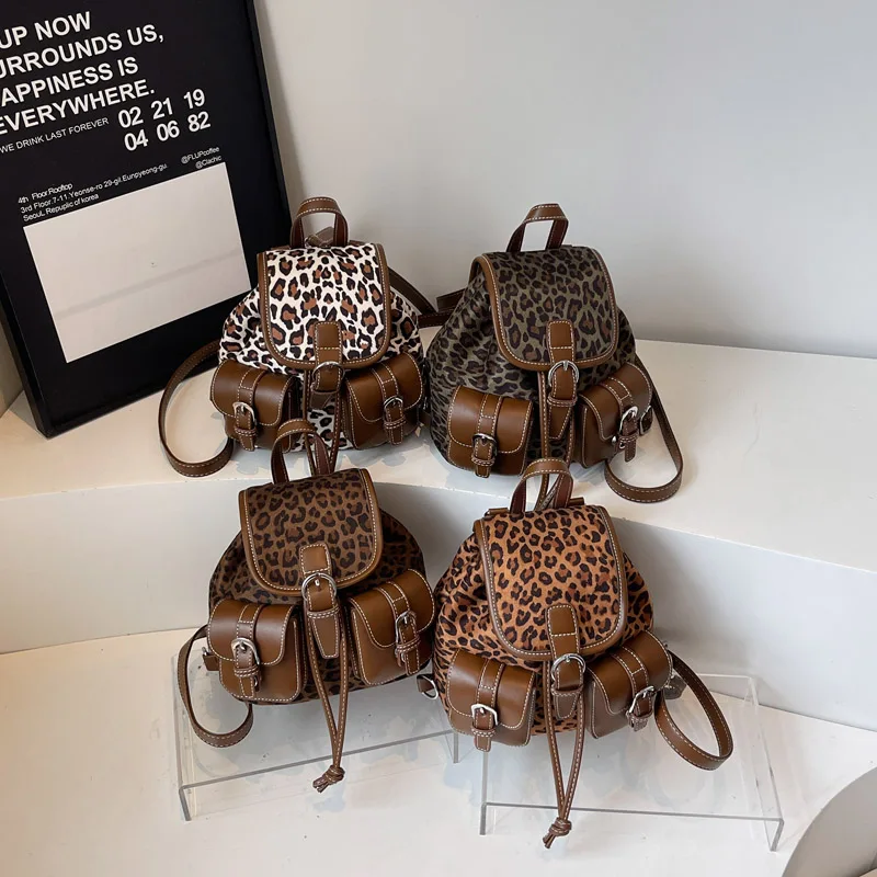 حقائب ظهر نسائية صغيرة من الجلد المخملي بجيوب مزدوجة من Leftside 2025 حقيبة ظهر فاخرة بتصميم الفهد حقائب سفر للطلاب #5