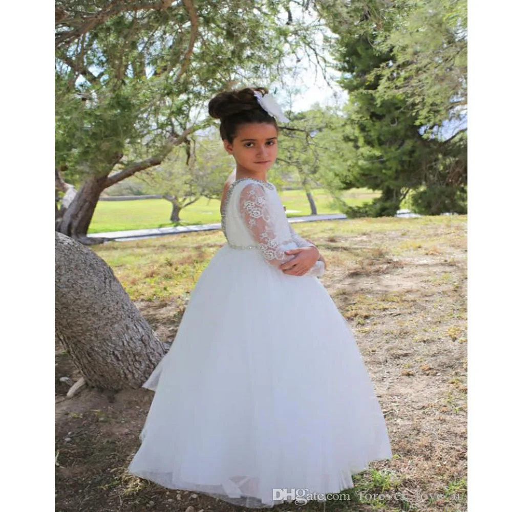 Vestidos de princesa hasta el suelo para niña, falda de tul de manga larga con cuello de cuentas y espalda descubierta, falda de flores Vintage