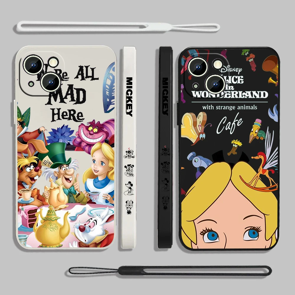 Disney Alice Cute For iPhone 15 14 13 12 11 Pro Max 8 7 Plus XR XS X Liquid Left Rope Phone Case