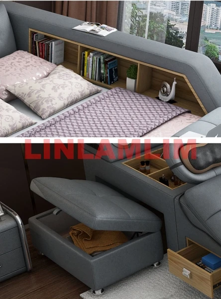 Cama de cuero genuino multifuncional, cama de masaje, tapizada, con Bluetooth, altavoz, masajeador, proyector, Mi