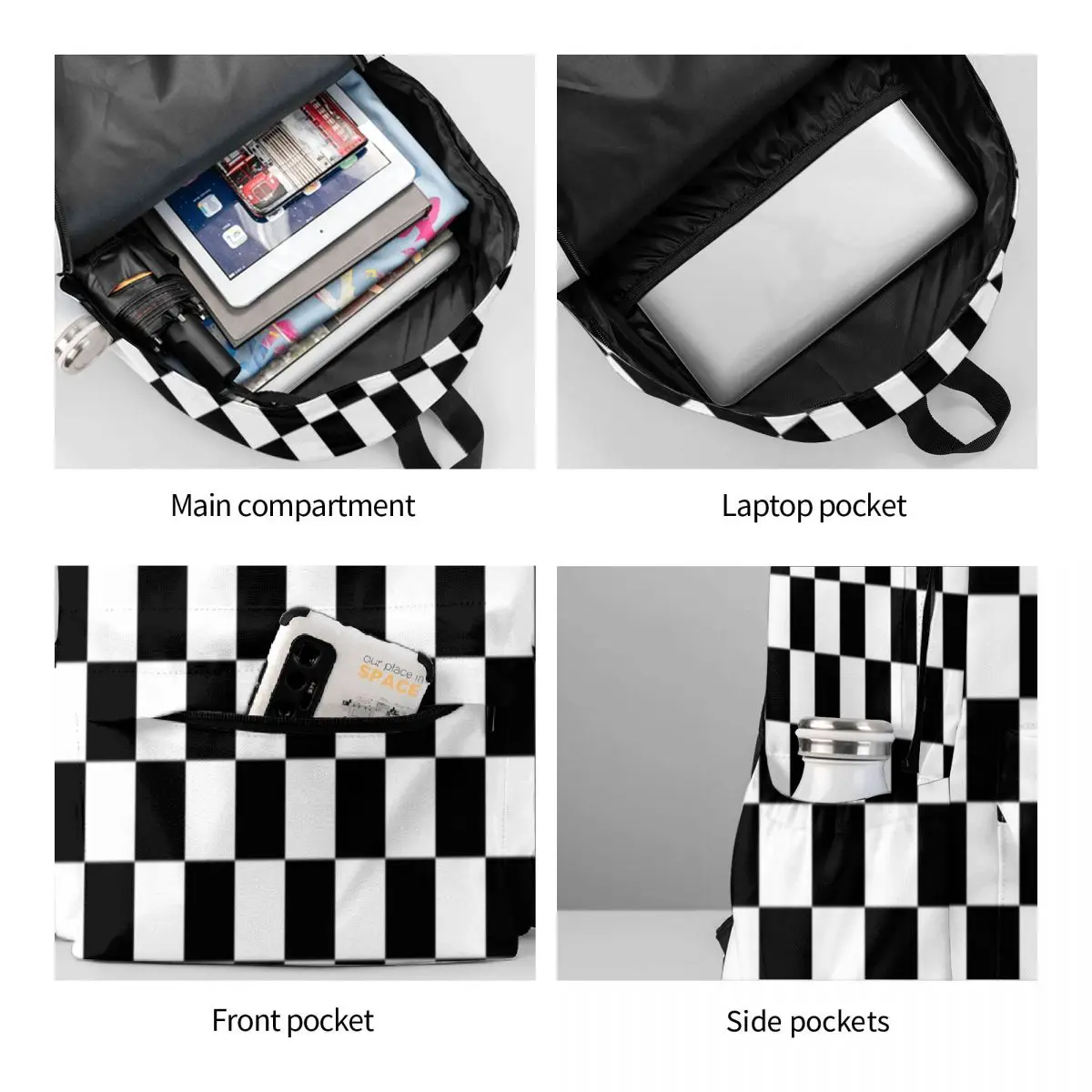 Imagem -06 - Mochila com Checverificador Preto e Branco Bolsa de Viagem Estilo Feminino Clássica Macia para Escola