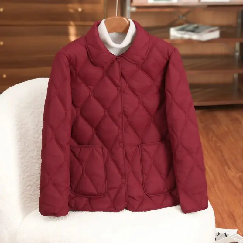 New Women's Lightweight Short Cotton Jacket Versatile Style for Spring Autumn, and Winter, Solid Color Large Diamond Grid Collar