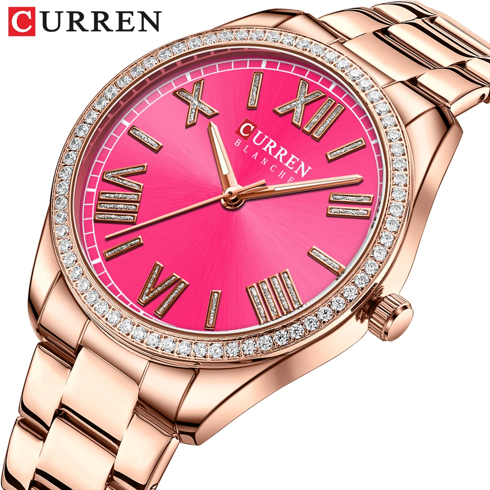 CURREN NEW Luxury Stainless Steel Wristwatches for Ladies Romantic Rose Pink with Rhinestones Roman Numeral Dial