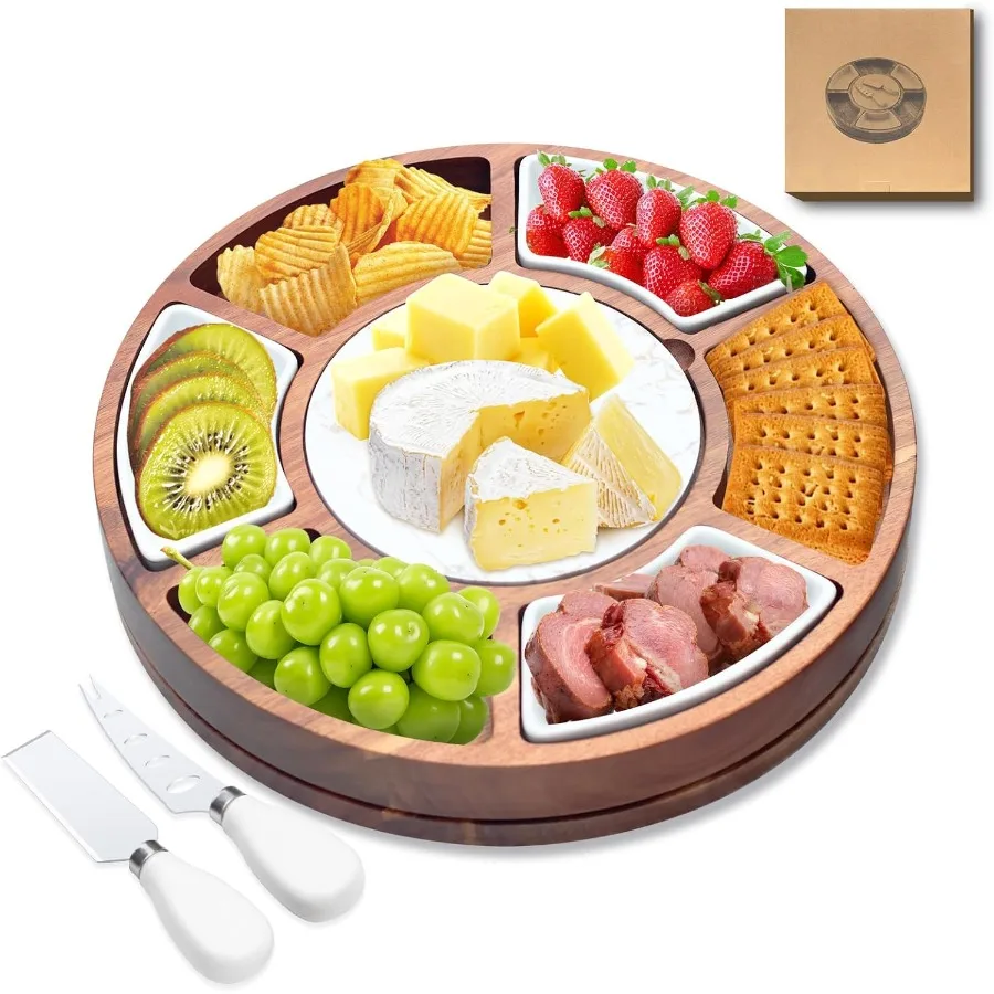 

360° Rotating Lazy Susan Cheese and Charcuterie Board Set 13.5" Acacia with Builtin Slate Chiller 3 Ceramic Bowls and 2 Cheese
