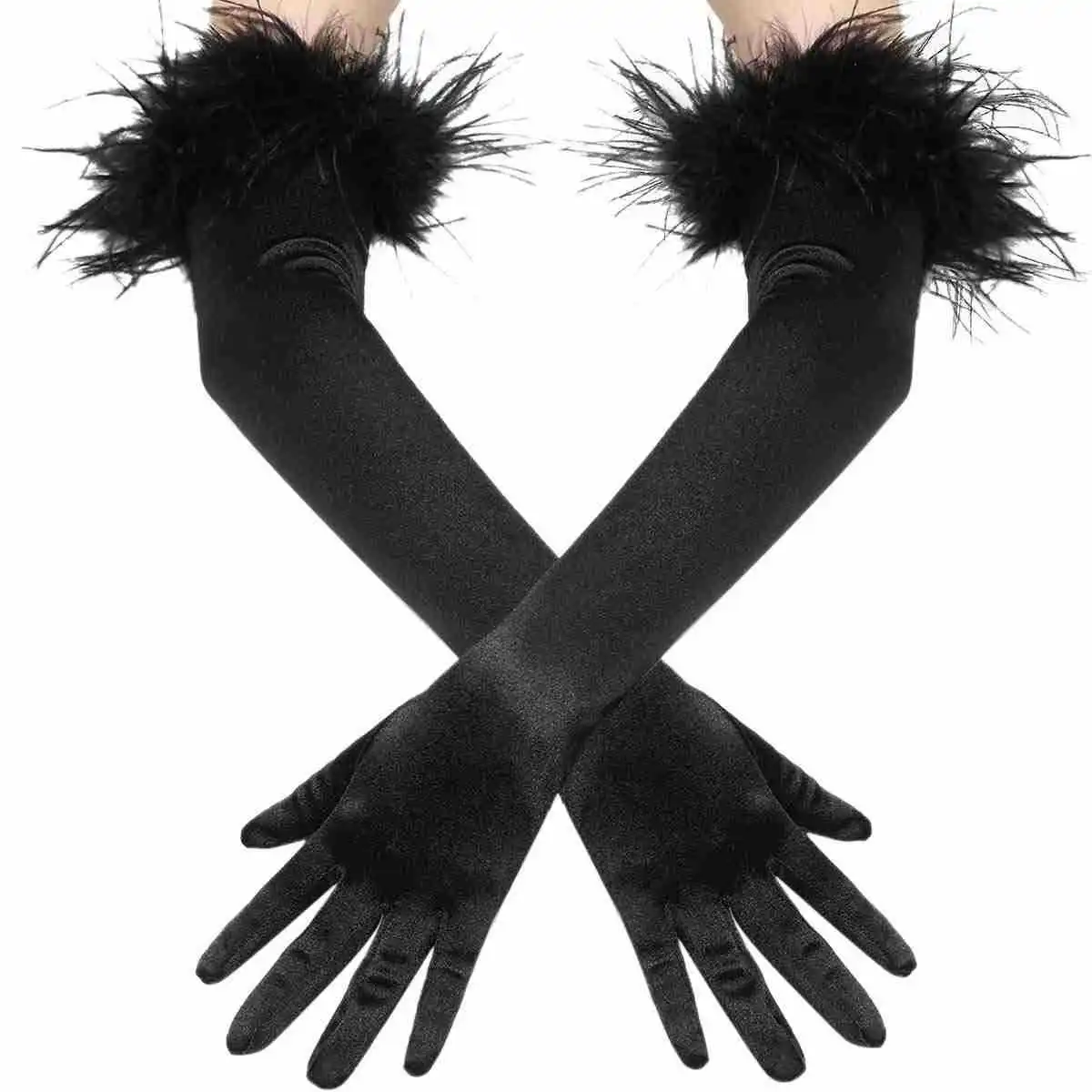 Women's Long Feather Gloves 50cm Satin Elbow Solid Halloween Sexy Dinner Performance Velvet Wedding Gloves 1920s Accessories