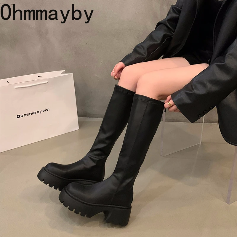 Platform Women Knee-High Boots Fashion Zippers Shoes Autumn Winter Thick Heel Women\'s Knight Long Booties