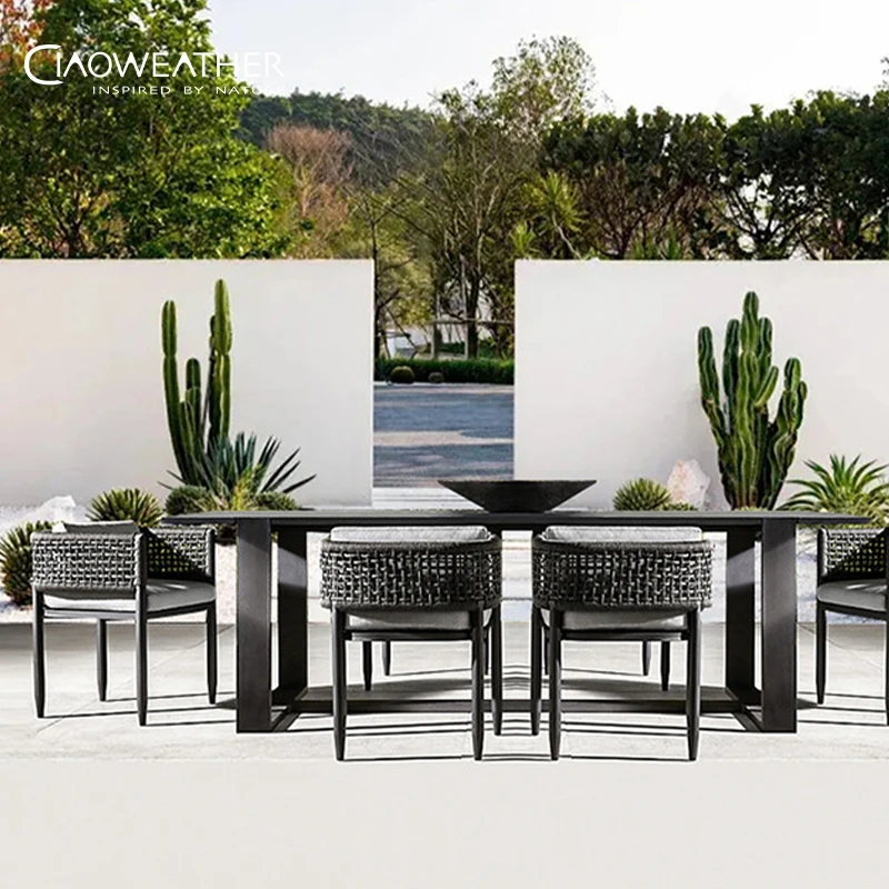 Modern Rope PE Rattan Set Garden Patio Restaurant Dining Tables And Chairs Outdoor Coffee Shop Aluminum Dining Set