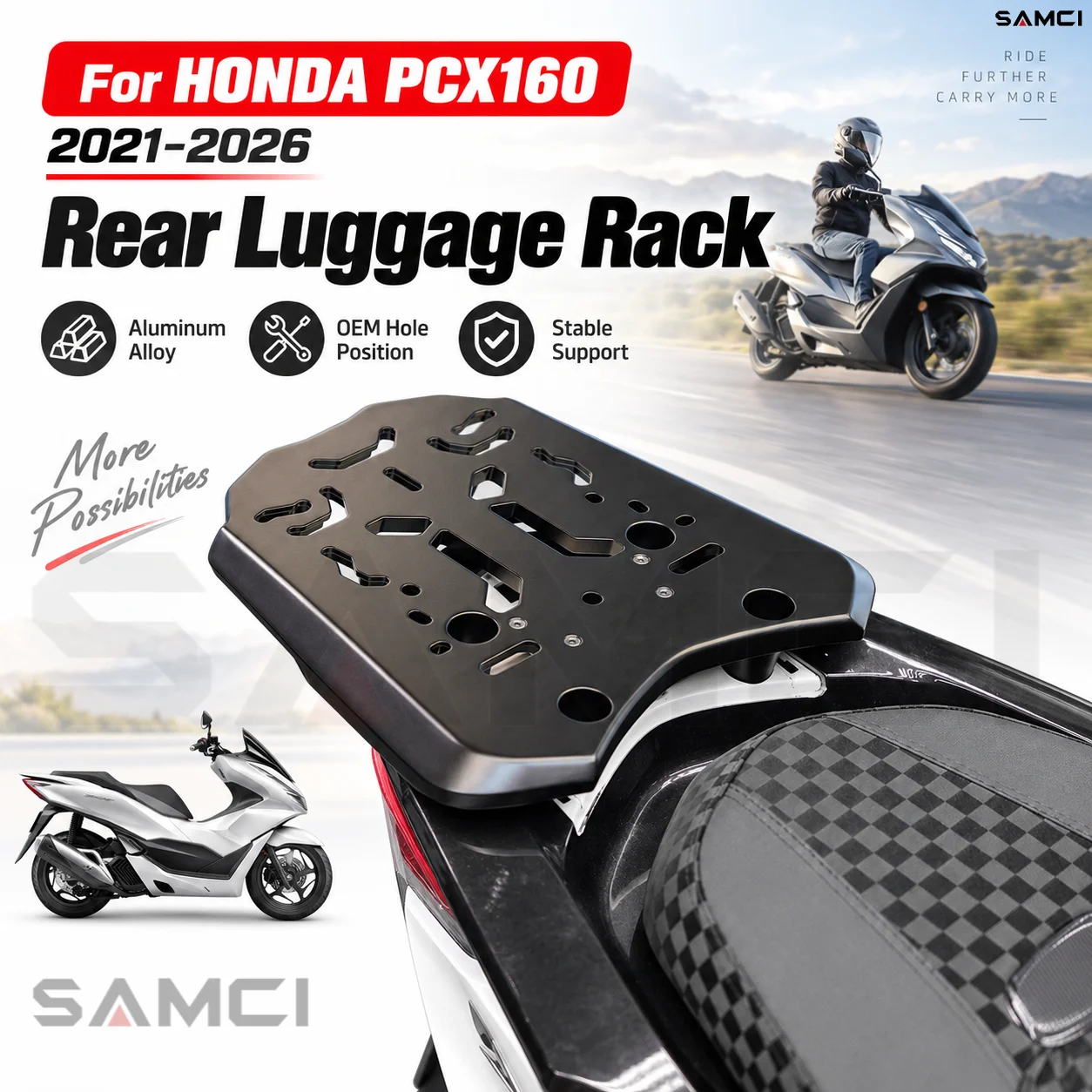 Motorcycle Rear Luggage Rack Aluminum Alloy Cargo Carrier Tail Box Heavy Duty OEM Mount For HONDA PCX160 2021-2026 Accessories