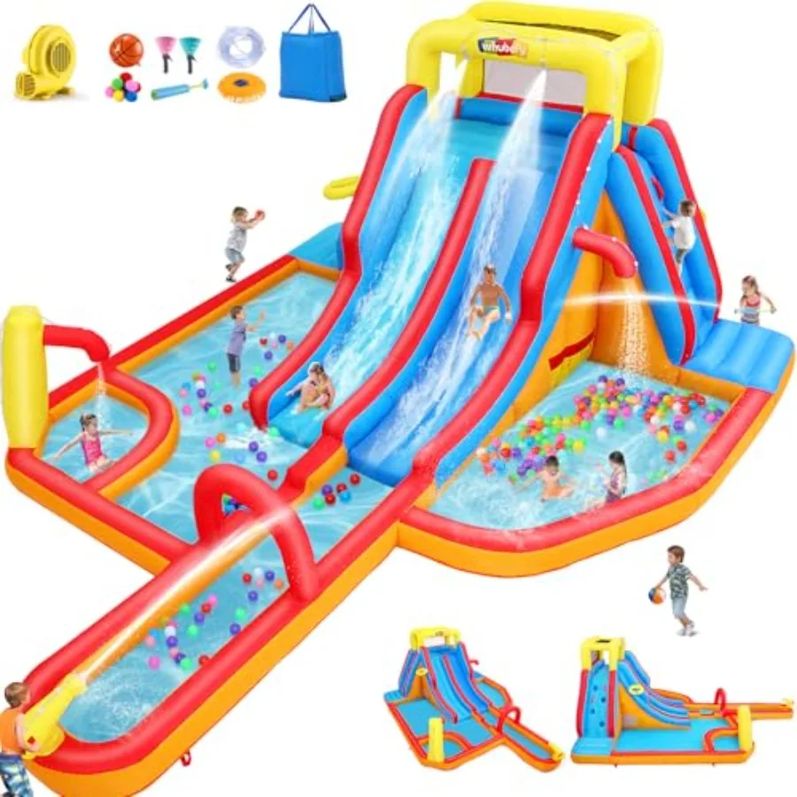 

Backyard Water Slide Park for 3-12 with 620W Blower Blue PVC Water Bounce House Featuring 2 Pools 2 Long Slides 2 Climbing Wall