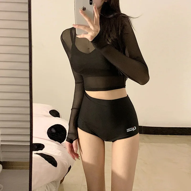 BLACK SWEET Korean Sexy Three Piece Swimsuit Women Mesh Transparent Cover-up High Waist Bikini Set Hot Spring Bathing Suit Women