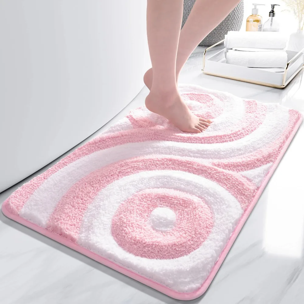 Cute Bath Mat Non Slip, Pink and White Fluffy Bathroom Rug Modern Aesthetic Decor, Geometric Striped Soft Shower Rug