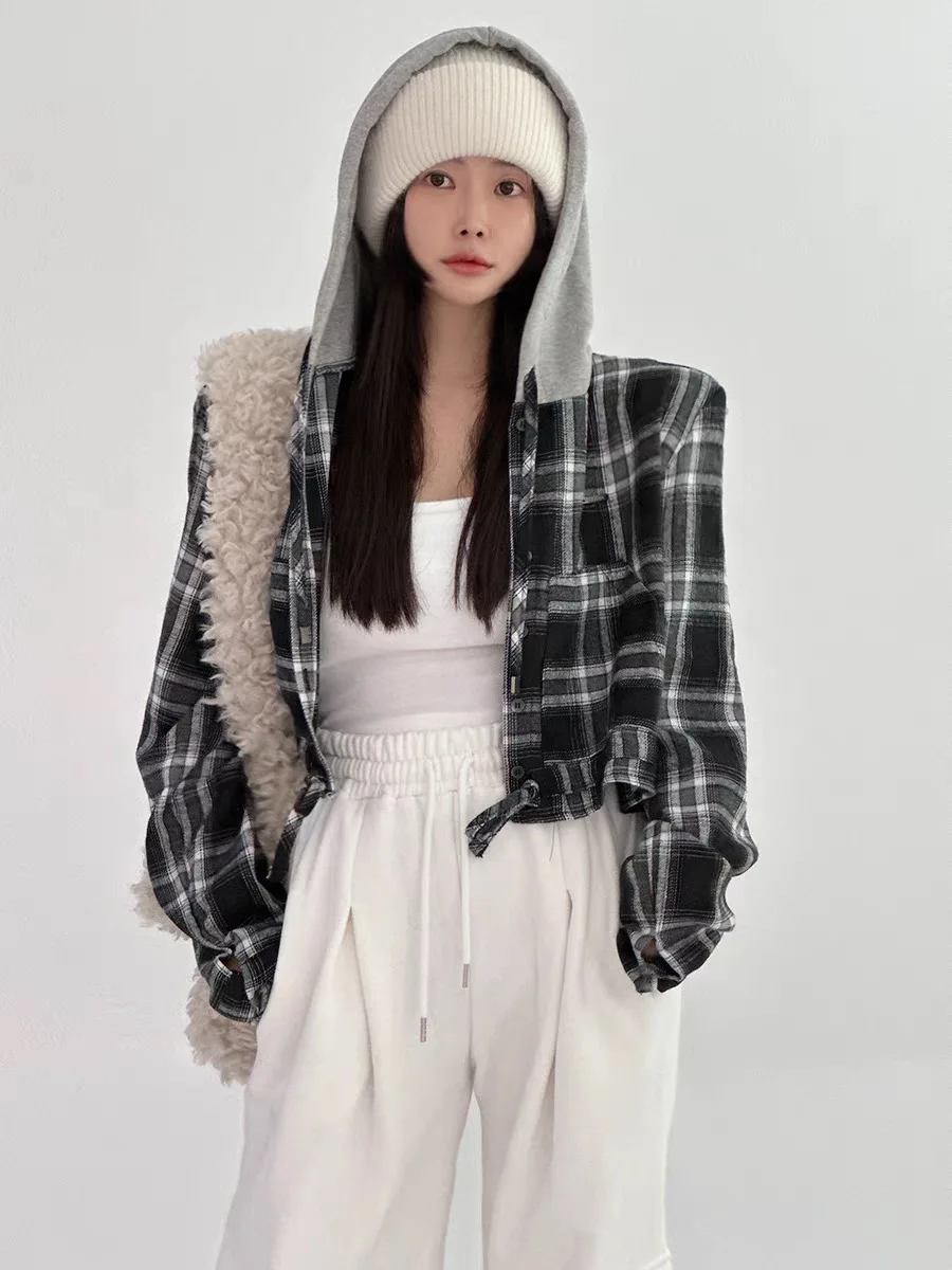 

Plaid Color Block Hooded Short Shirt Women's Long Sleeve Loose Slimming Design Casual Open Cardigan Coat Korean Style Spring