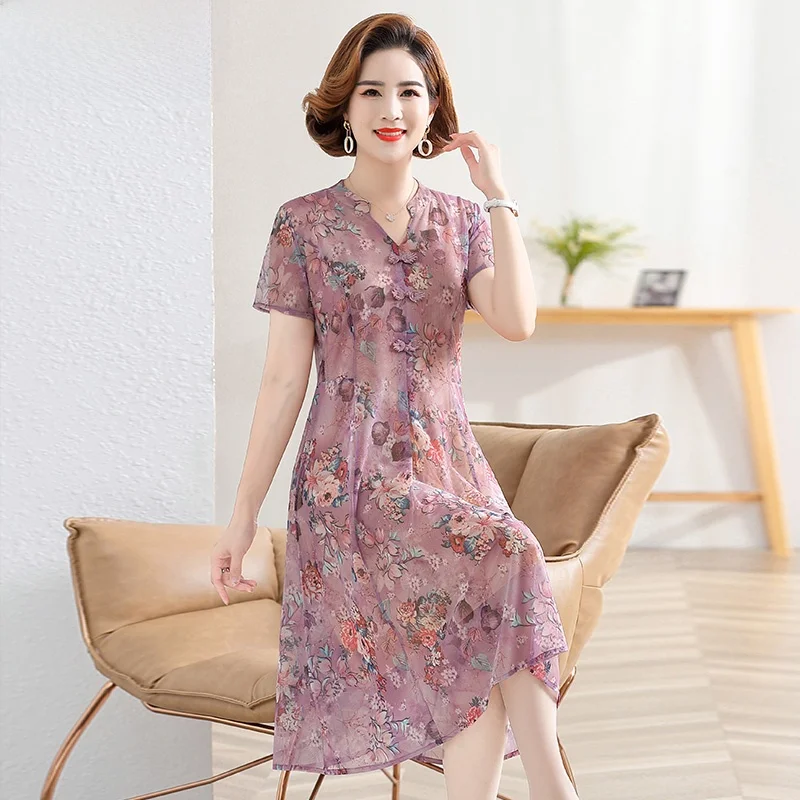 

Floral Print Chiffon Midi Dr for Middle-Aged Women Summer Faionable Modes Cover Belly V-Ne Regular Sve Polyester ...
