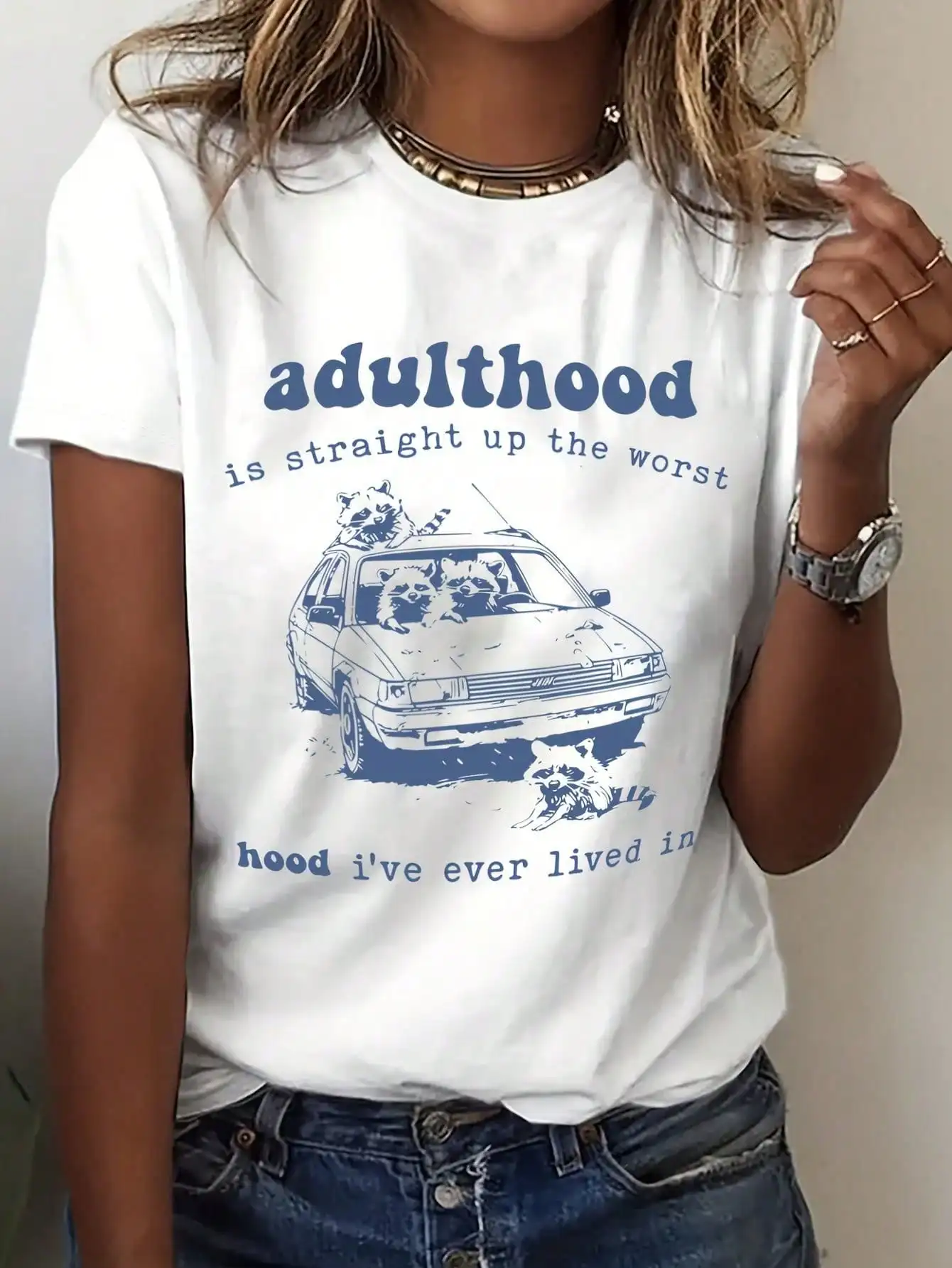

Spring & Summer Cotton Raccoon Family Printed Short-Sleeved T-Shirt For Fashion Lady Alphabet Car, Women's Clothing