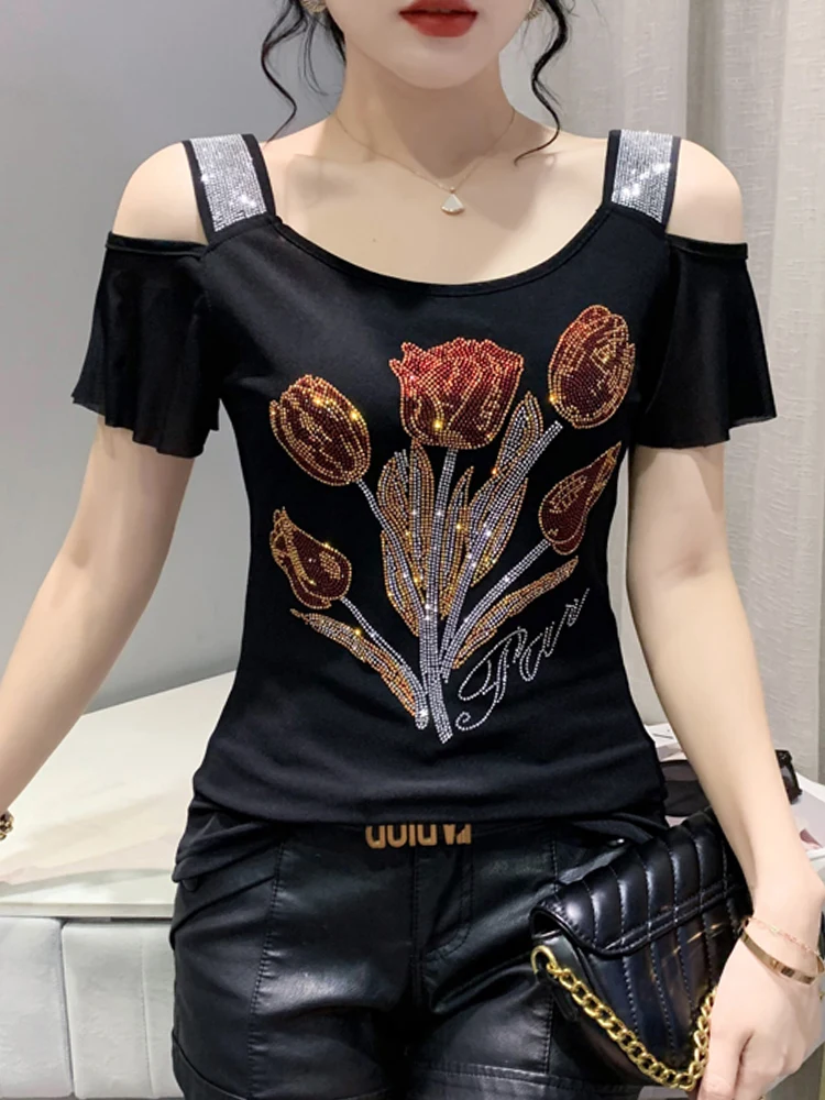 Camiseta Sexy de Um Ombro para Mulheres, Bordada com Pedrarias Pesadas, Cor Pura Geométrica...