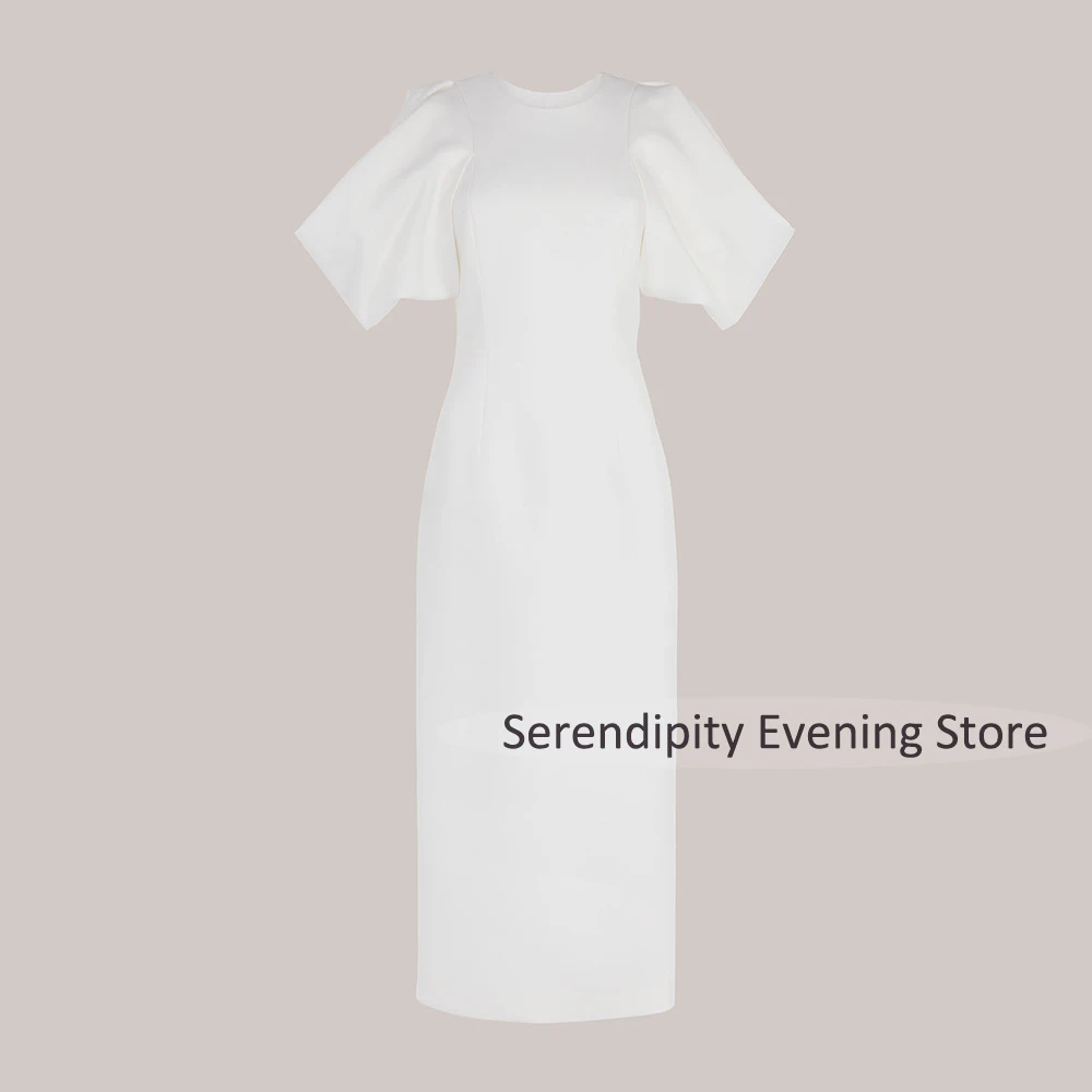 Midi-cocktailjurken voor dames 2025, O-hals, theelengte, kolomcocktailjurken, korte gezwollen mouwen, strikschede, formele feestjurk