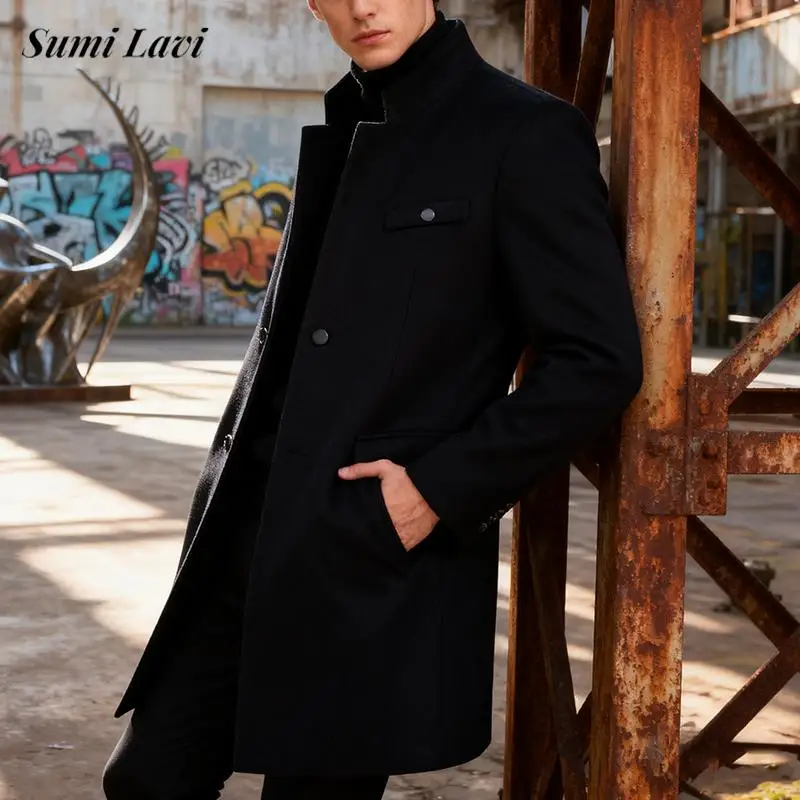 

Retro Mens Woolen Outerwear Casual Stand Collar Buttoned Jacket Coats Men Autumn Winter Fashion Solid Color Overcoats