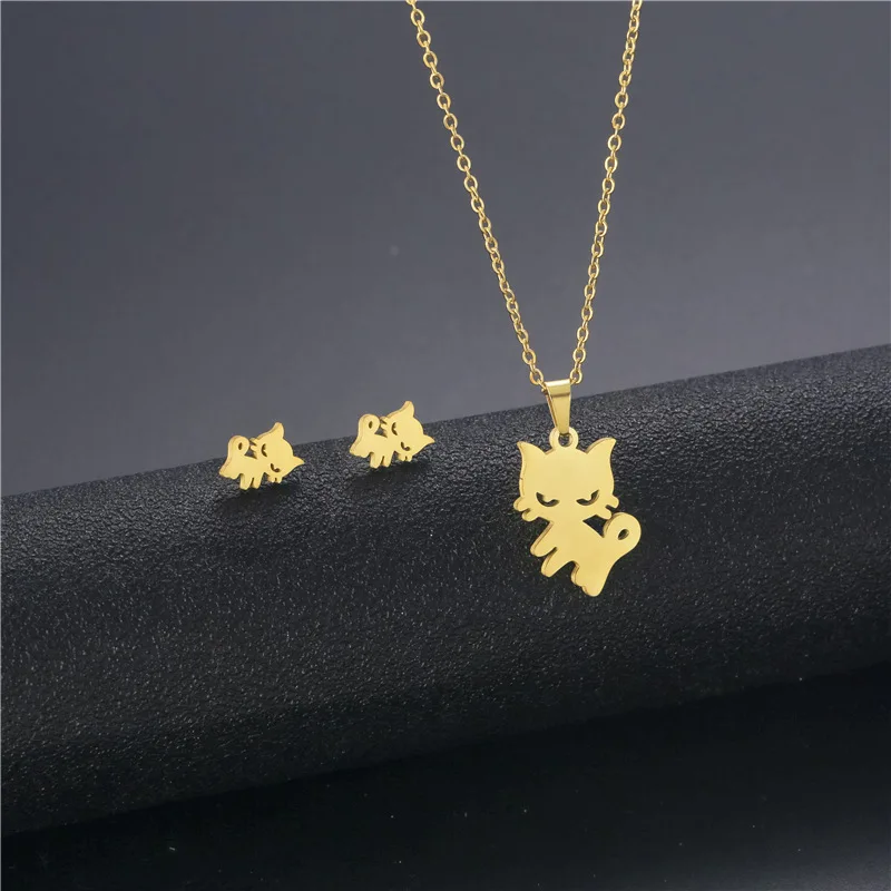 Stainless Steel Snake Jewelry Sets Fashion Women Cute Cat Kitty Monkey Horse Necklaces Earings Set Fashion Steel Pet Gifts