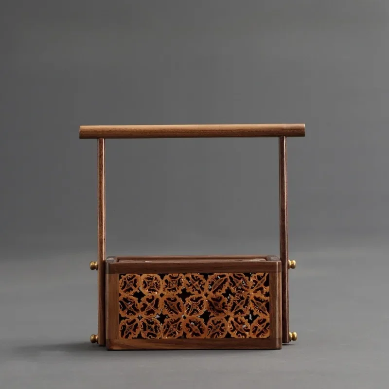 Hot Walnut Tissue Box with Chinese Mortise and Tenon Craftsmanship and Creative Walnut Hollow Carving with Handle Napkin Storage