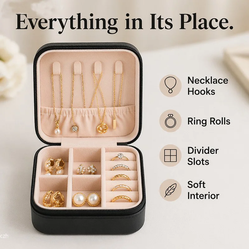 Compact Travel Jewelry Case, PU Leather Zip Organizer with Ring Rolls and Necklace Hooks - Image 5