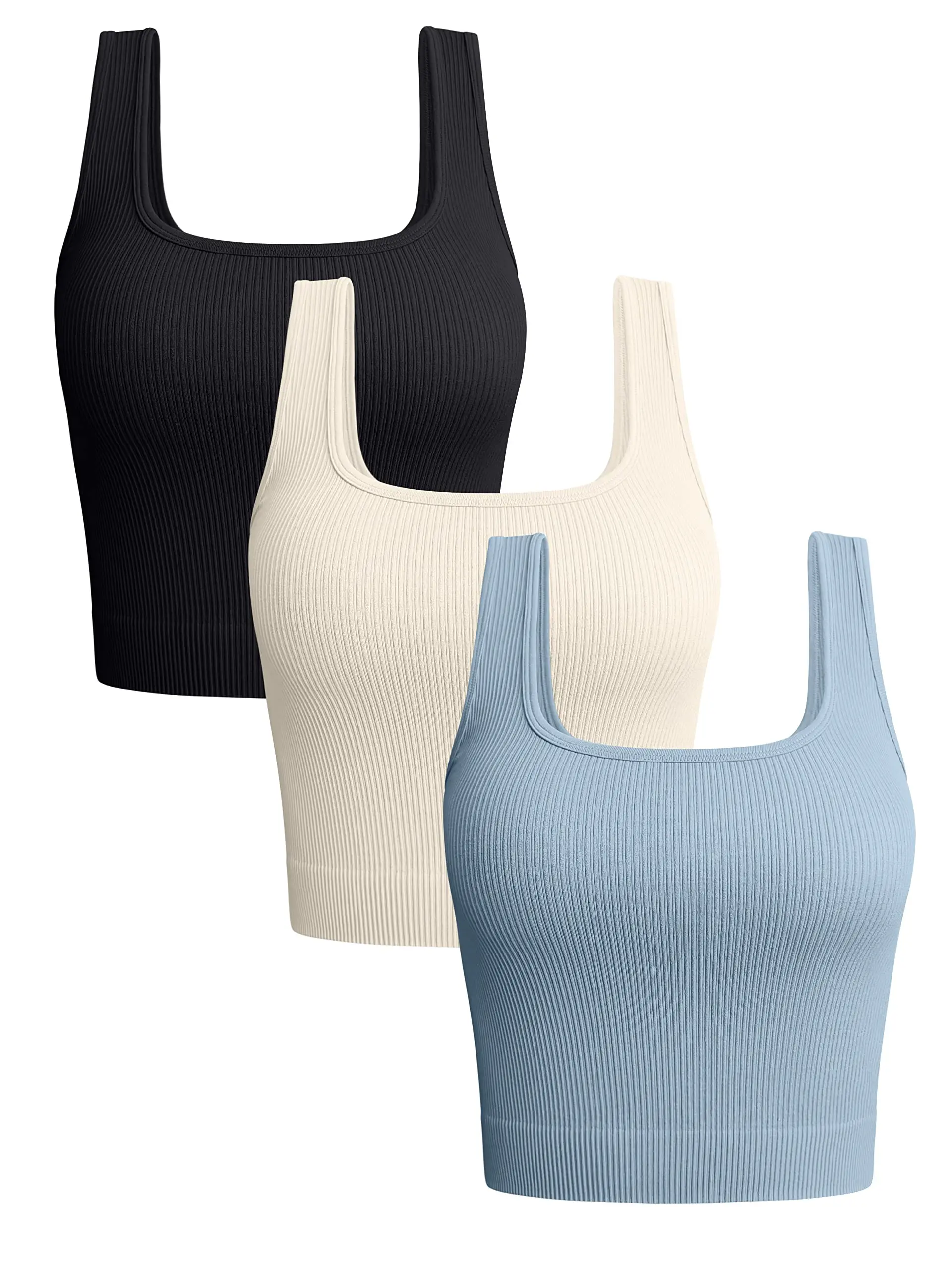 STSVZORR Women's 3 Piece Tank Tops Ribbed Seamless Workout Exercise Shirts Yoga Crop Tops