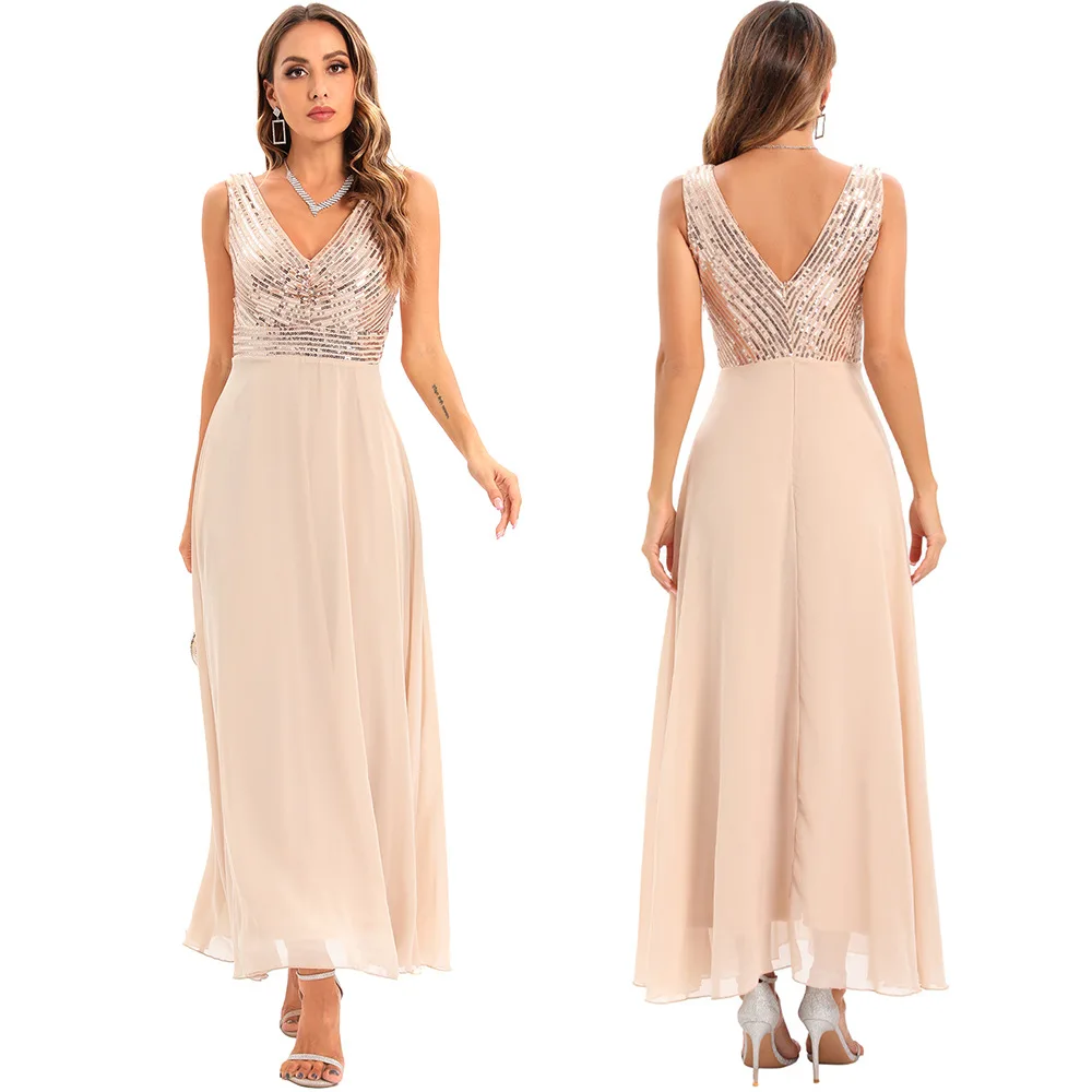 

Sexy backless chiffon splicing sequined dress European women's evening dress temperament elegant simple high-end clothing new