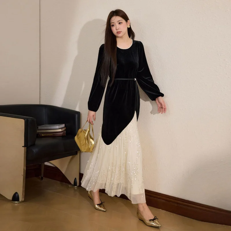 

2026 Spring New Velvet Faux Two-Piece Dress With Pearl Collar, Waist-Cinching Sequin Long Skirt