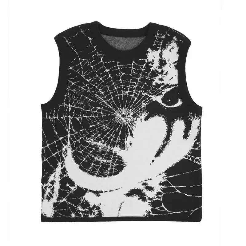 Women's Knitted Sleeveless Tank Top, Spider Web Sweater, Dark Gothic Pattern, Harajuku, Street Clothing, Fashion, Y2k