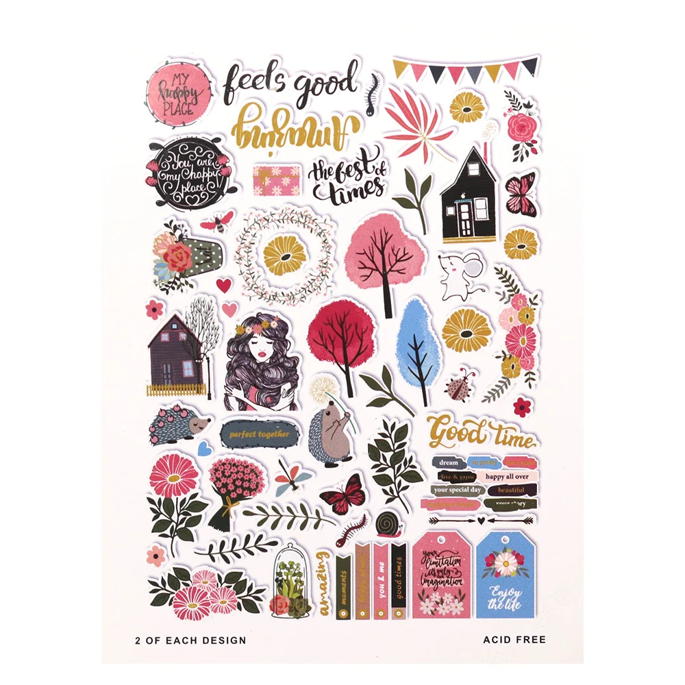 Creative Path 134pcs Gold Foil Scrapbooking Die Cuts Pink Flower Trees Paper Die Cuts Ephemera Embellishments For DIY Journaling