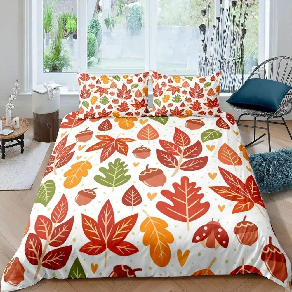 Maple Leaves Duvet Cover Fall Autumn Harvest Theme Bedding Set Botanical Plants Leaf Comforter Cover,Thanksgiving Quilt Cover