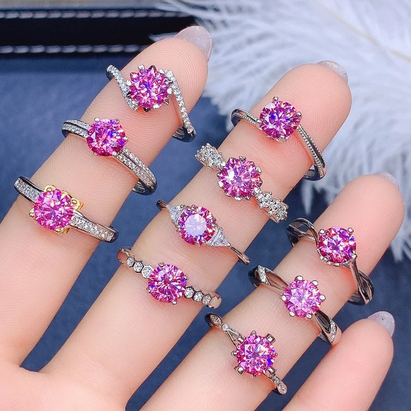 1CT VVS1 Pink  Moissanite Personality Design New Ring 925 Sterling Silver  Beautiful Color Sparkling Women Engagement Wedding