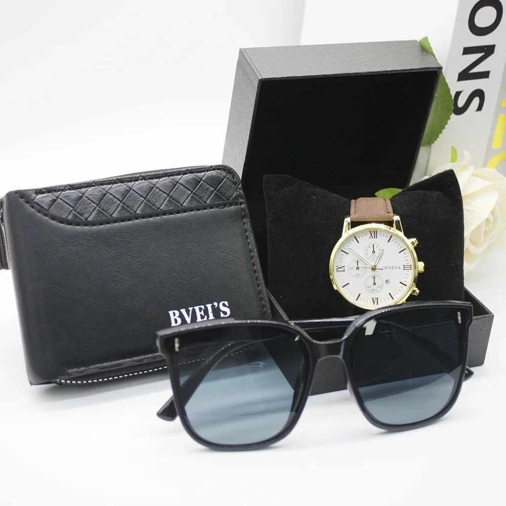 محفظة جلدية أصلية للرجال ، محافظ ساعات ، حقيبة مصممة للرجال ، تتضمن صندوق سوار لرياضة العمل ، علامة تجارية فاخرة ، مجموعة 4 من