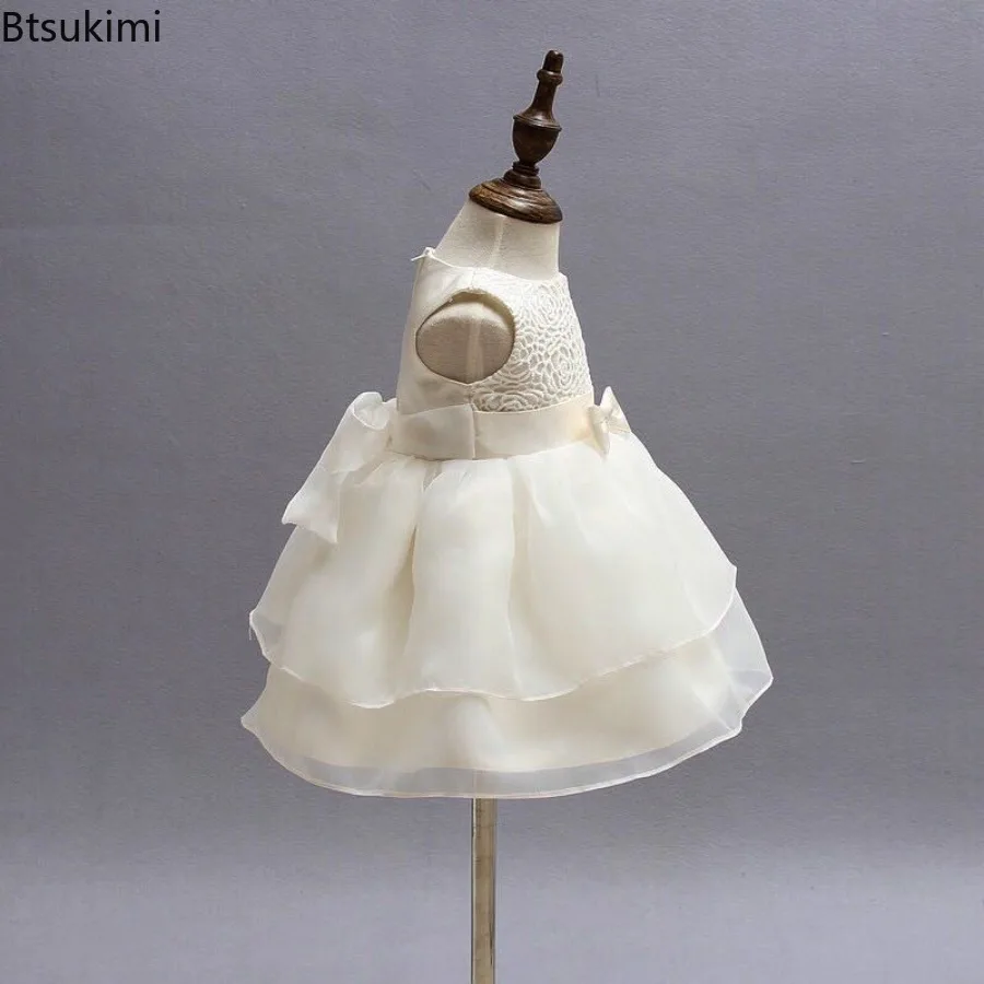Summer New Girls Dresses White Lace Flower Skirt Pre School Princess Wedding Bow Decoration Breathable Chiffon Princess Skirt