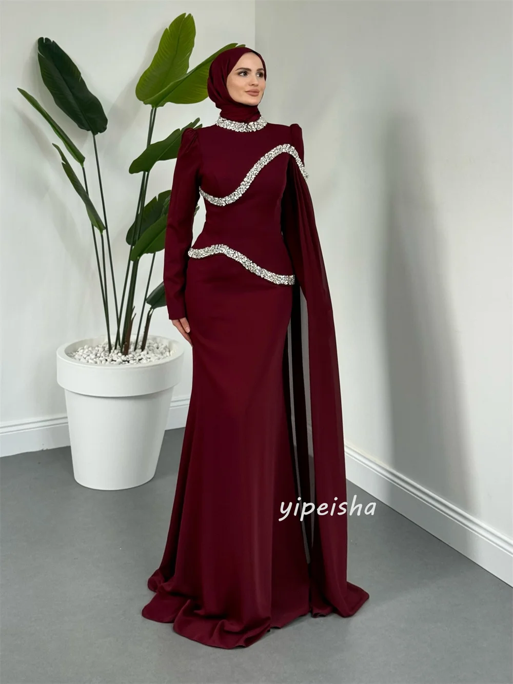 Customized Luxury Exquisite Jersey Rhinestone Pleat Mermaid High Collar Long Dresses Evening Dresses for Woman Pastrol Formal image 5